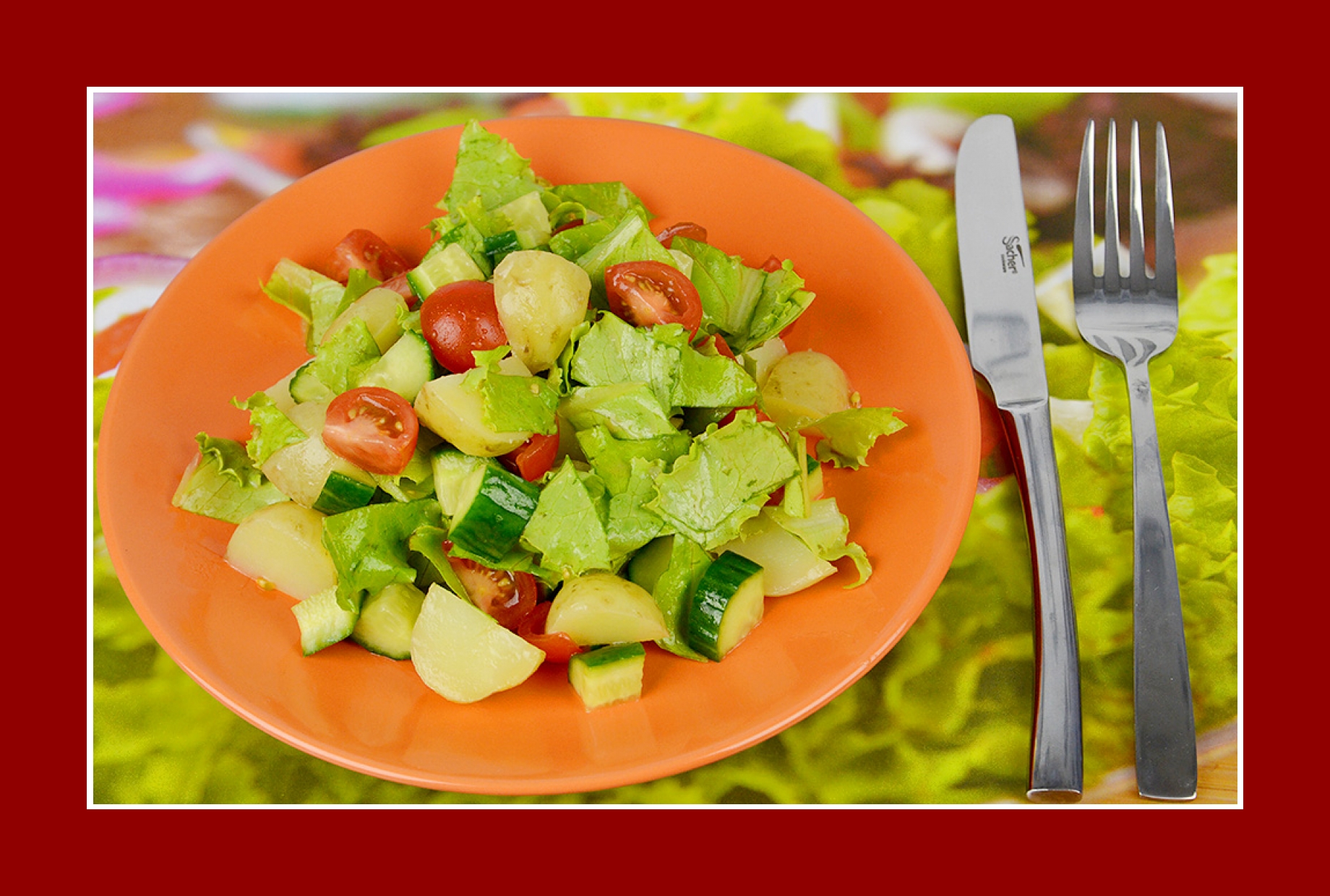 Leichter Kartoffelsalat einfacher Rezept Eisbergsalat Cherrytomaten Gurkensalat